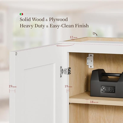 Kisart Laundry Room Cabinets Wall Mounted with Doors & Shelves, Solid Wood RTA Medicine Storage Cabinet, 24Wx30Hx12D Inch White Shaker Hanging Cupboard, Space-Saving for Kitchen, Bathroom, Garage