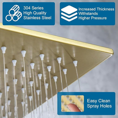 12 Inch Ceiling Mount Shower Faucet Set Brushed Gold Ceiling Rainfall Shower Head and Handle Set Bathroom Rain Shower System Include Shower Valve and Trim Kit