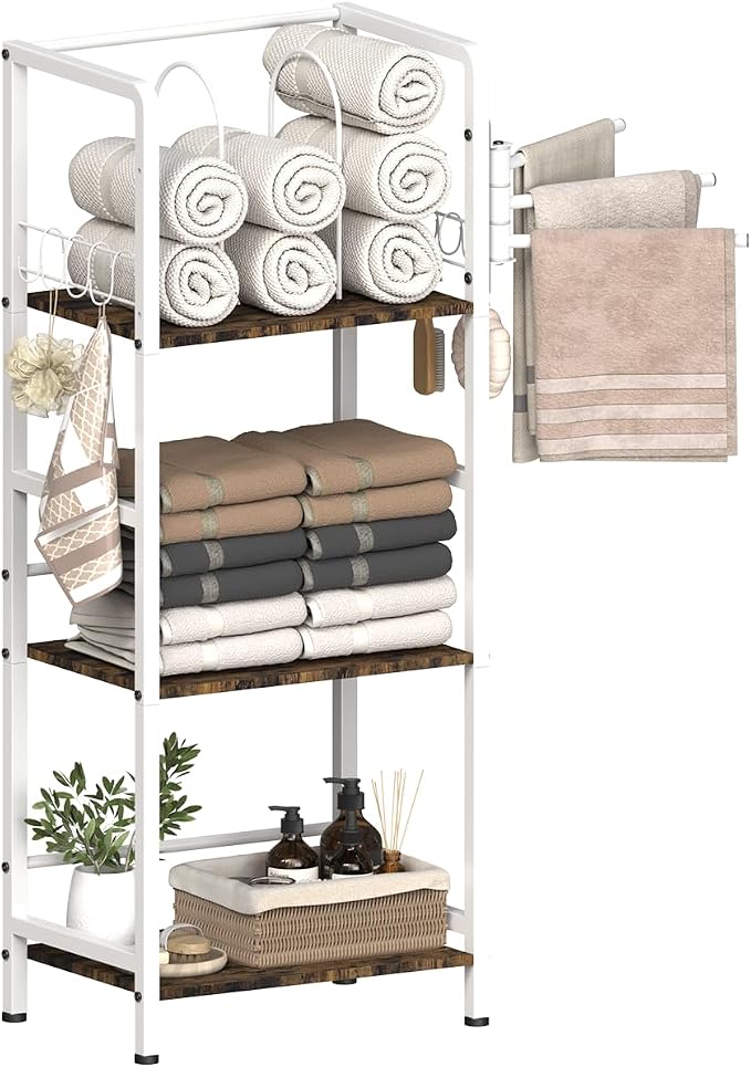 Mondazie Towel Racks for Bathroom Storage Shelves Free Standing, White | 3-Tier Bathroom Towel Rack with 3 Rotating Bars, Pool Towel Holder Stand with Detachable Dividers & 8 Hooks for Poolside