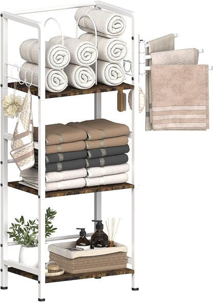 Mondazie Towel Racks for Bathroom Storage Shelves Free Standing, White | 3-Tier Bathroom Towel Rack with 3 Rotating Bars, Pool Towel Holder Stand with Detachable Dividers & 8 Hooks for Poolside