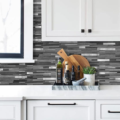 AULIGET 40 Sheets Peel and Stick Backsplash, Black & Grey Wood Look PVC Mixed Metal Stick on Backsplash Tiles for Kitchen