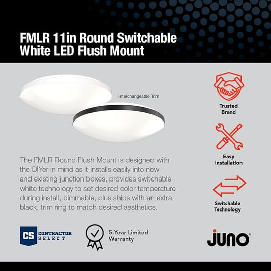 Juno 11 Inch Round LED Flush Mount Ceiling Light, Low Profile Modern Ceiling Light Fixture, Selectable 2700K/3000K/3500K/4000K/5000K Color Temperature, Dimmable, White (FMLR 11IN SWW5 90CRI WBT M4)