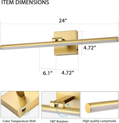 LED Bathroom Vanity Light, Modern Bathroom Light Fixture Over Mirror (3000K/4000K/6000K, Dimmable), Vanity Light Bar with Angle Adjustable, 24 Inch, Brass
