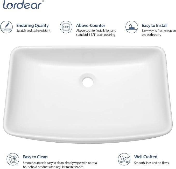 Lordear Vessel Sink Rectangular 24 Inch Curved Rectangle Bathroom Sink Modern Above Counter White Porcelain Ceramic Bathroom Vessel Vanity Sink Art Basin