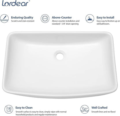 Lordear Vessel Sink Rectangular 24 Inch Curved Rectangle Bathroom Sink Modern Above Counter White Porcelain Ceramic Bathroom Vessel Vanity Sink Art Basin