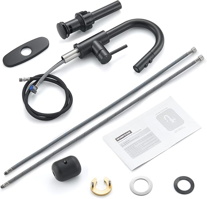 Black Bathroom Faucet with Pull Down Sprayer, Single Hole Bathroom Faucet with Pop-up Drain and Flexible Hoses, 1 Handle Sink Faucets for Vanity, Modern Farmhouse, Vanity, Restroom
