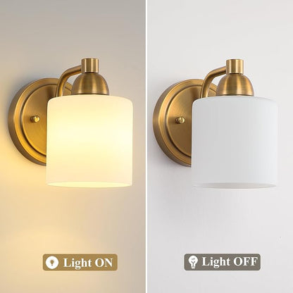 Mecgirn Brass Milk Glass Wall Sconces, 1 Pack Hardwired Indoor Wall Light Fixtures for Living Room, Hallway, Bedroom, Ceramic E26 Sockets (Bulbs Not Included)