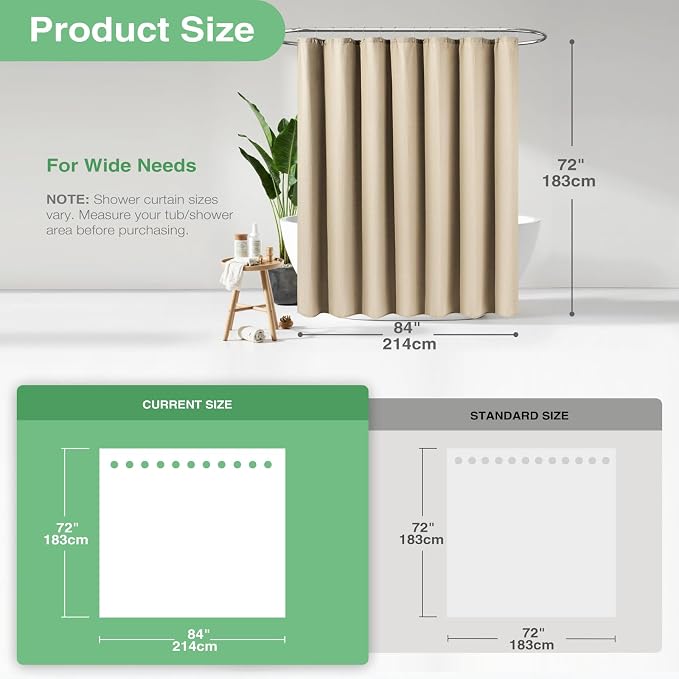 Extra Wide Waffle Shower Curtain 256 GSM Fabric 84x72 Beige/Khaki | 84 Inch Wide, Thick Cloth, Weighted Hem, Water Repellent, Hotel Luxury Polyester Shower Curtain Set for Bathroom 14 Hooks