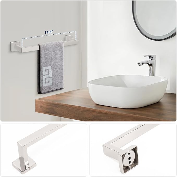 NearMoon 5 Pieces Bathroom Hardware Set 304 Stainless Steel - Square Towel Rack Set Include 16" Towel Rod + Towel Ring + Toilet Paper Holder + 2 Robe Towel Hooks Bathroom Accessories (Chrome Finish)