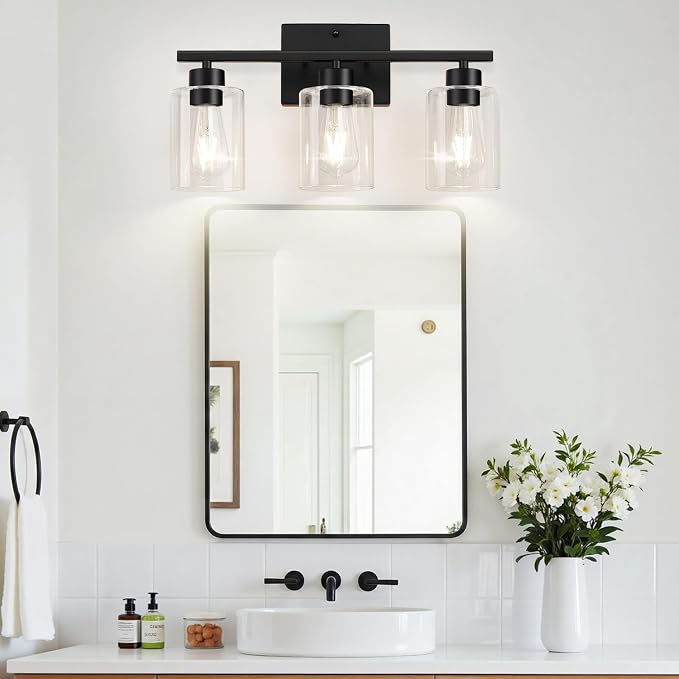 3-Light Bathroom Light Fixtures, Modern Black Vanity Light with Clear Glass Shades for Bathroom Vanity Lighting