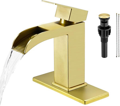 Faustina Brushed Gold Waterfall Bathroom Faucet, Single Handle Wide Spout Stainless Steel Gold Vanity Sink Faucet with Pop Up Drain & Deck Plate for 1 or 3 Hole