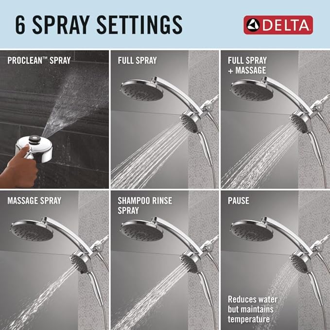 Delta 6-Setting PivotPro 3-in-1 Combination Shower Head with ProClean Spray, Chrome Round Shower Head Rainfall with Handheld Spray, 1.75 GPM, Chrome 75648
