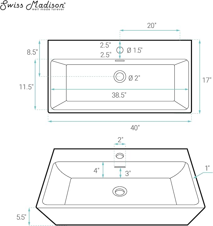 Claire 40” Rectangle Wall-Mount Bathroom Sink
