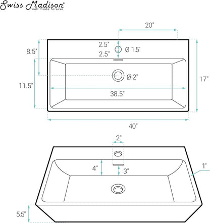 Claire 40” Rectangle Wall-Mount Bathroom Sink