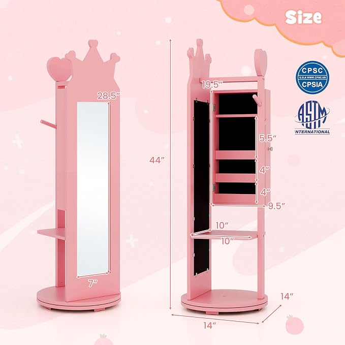 HONEY JOY Kids Jewelry Armoire Cabinet, 360 Degree Swivel Base Wooden Standing Jewelry Organizer w/Full-length Mirror and Clothes Rack, Children Dress Up Jewelry Cabinet for Little Girls (Pink)