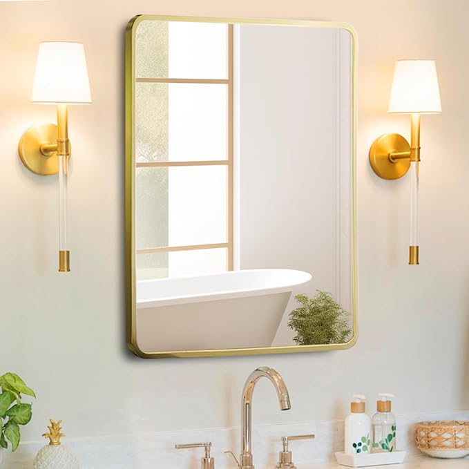 Movo 20x31 Inch Recessed or Surface Mount Medicine Cabinet with Mirror Aluminum Metal Framed Bathroom Mirror Medicine Cabinet Rectangle Storage Cabinet Gold
