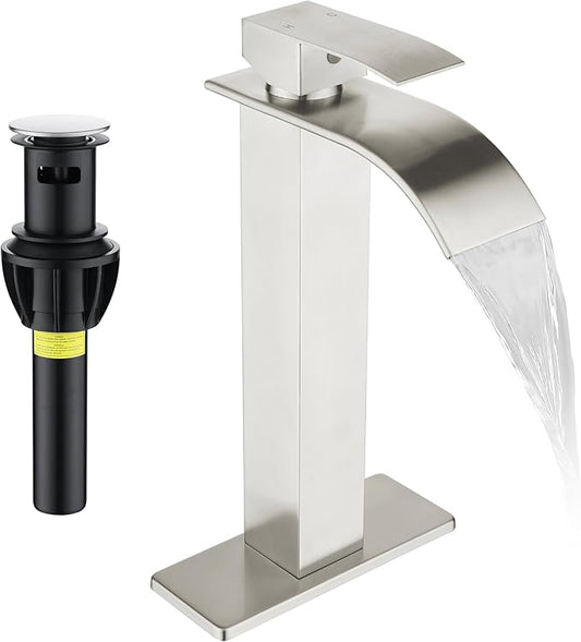 Fransiton Tall Vessel Sink Faucet Brushed Nickel Faucet for Bathroom Sink Tall Waterfall Bathroom Faucet Single Handle 1 or 3 Hole Wash with Pop-up Drain