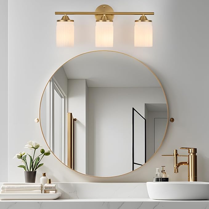 Jonsi Gold Bathroom Light Fixtures 3-Light Vanity Lights Modern Wall Sconce with Milk White Shade Brushed Brass Bathroom Light Fixture Over Mirror for Bedroom Hallway Kitchen