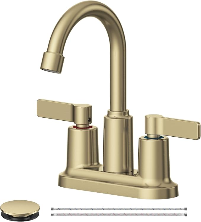 Brushed Gold Bathroom Sink Faucet 3 Hole 4 Inch Centerset Bathroom Faucets | Faucet for Bathroom Sink with Pop Up Drain and 2 Supply Hoses 2 Handle Bathroom Faucet for Sink Vanity RV Evolvegoods