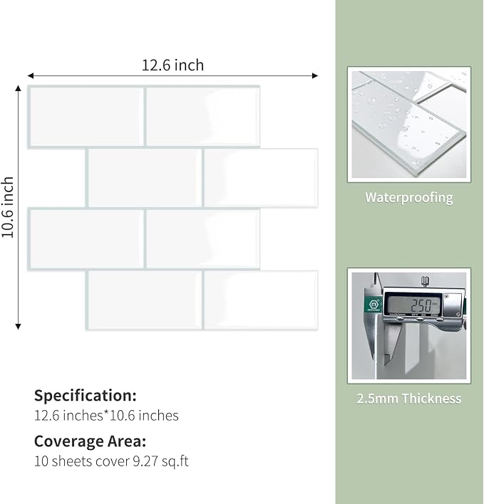 10-Sheet Thick Peel and Stick Kitchen Backsplash Tiles | 3D Subway Waterproof Self-Adhesive Wall Tile Stick on Backsplash for Kitchen and Bathroom(White Blue Grout, 12.6"×10.6")