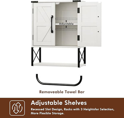 RUSTOWN Farmhouse Rustic Medicine Cabinet with Two Barn Door,Wood Wall Mounted Storage Cabinet with Adjustable Shelf and Towel Bar, 3-Tier Cabinet for Bathroom, Living Room(Vintage White)