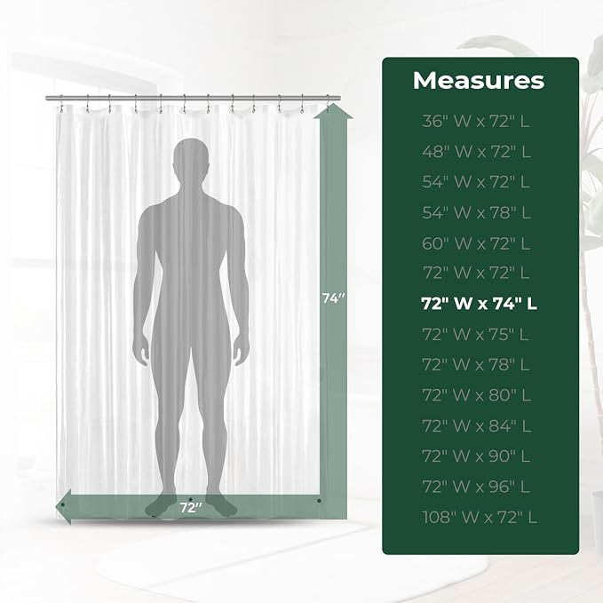 Clear Shower Curtain Liner with Side Suction Cups, Premium PEVA Plastic Shower Liner with 3 Magnets, Waterproof Bathroom Curtain, 72 x 74, Clear