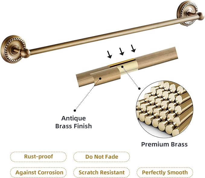 4 Piece Antique Brass Gold Bathroom Accessories Set - 24” Towel Holder, Antique Bar Brass Bath Accessories - Wall Mounted Bathroom Hardware Accessory Set