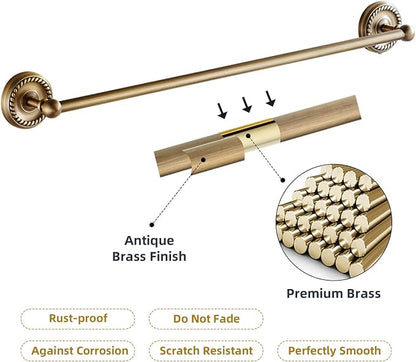 4 Piece Antique Brass Gold Bathroom Accessories Set - 24” Towel Holder, Antique Bar Brass Bath Accessories - Wall Mounted Bathroom Hardware Accessory Set