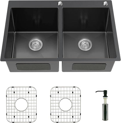 Black 33x22In Drop-in Kitchen Sink, Stainless Steel,50/50 Equal Double Bowl | Modern Topmount Kitchen Sink Combo, Include SS Grid,Silicon Mat,Soap Dispenser, Compatibility With Various Kitchen Style