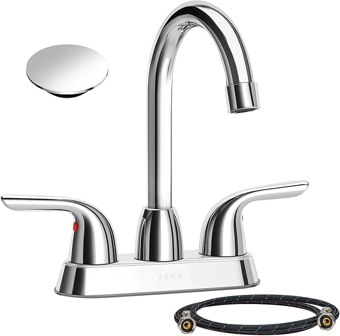 Bathroom Sink Faucet for 3 Hole, 4 Inch Stainless Steel Faucet for Bathroom, Bathroom Faucets with Deck Plate & Pop-Up Pop-Up Drain Assembly 2-Handle Faucet for Bathroom Sink Vanity RV Restroom