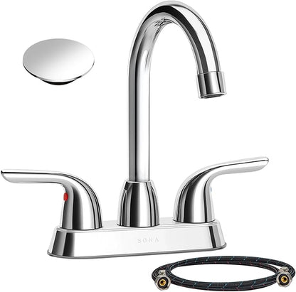Bathroom Sink Faucet for 3 Hole, 4 Inch Stainless Steel Faucet for Bathroom, Bathroom Faucets with Deck Plate & Pop-Up Pop-Up Drain Assembly 2-Handle Faucet for Bathroom Sink Vanity RV Restroom