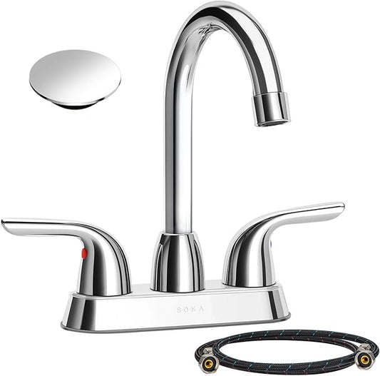 Bathroom Sink Faucet for 3 Hole, 4 Inch Stainless Steel Faucet for Bathroom, Bathroom Faucets with Deck Plate & Pop-Up Pop-Up Drain Assembly 2-Handle Faucet for Bathroom Sink Vanity RV Restroom