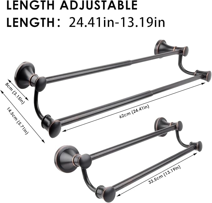 Double Towel Bar, Adjustable 14.96 to 26.57 inches Towel Holder Oil Rubbed Bronze Towel Rack Rustic Towel Hanger Bathroom Wall Mounted