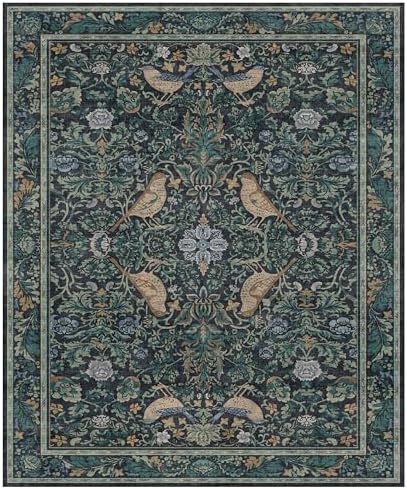 Blue Washable 7x9 Kitchen Rug for Floor, Boho Floral & Bird Pattern Living Room Area Rug, Low Pile Soft Farmhouse Bedroom Carpet, Cottagecore Home Décor, Non Slip & Stain Resistant