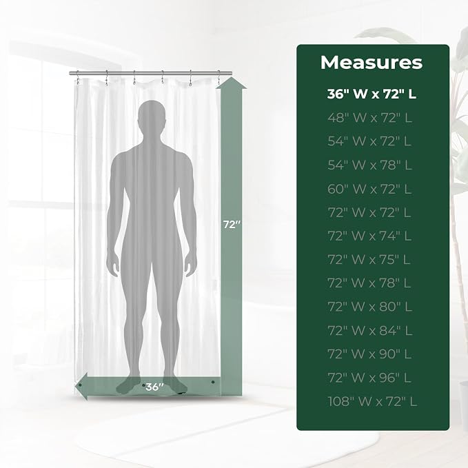 Clear Shower Curtain Liner with Side Suction Cups, Premium PEVA Plastic Shower Liner with 3 Magnets, Waterproof Bathroom Curtain, 36 x 72, Heavy Duty Clear