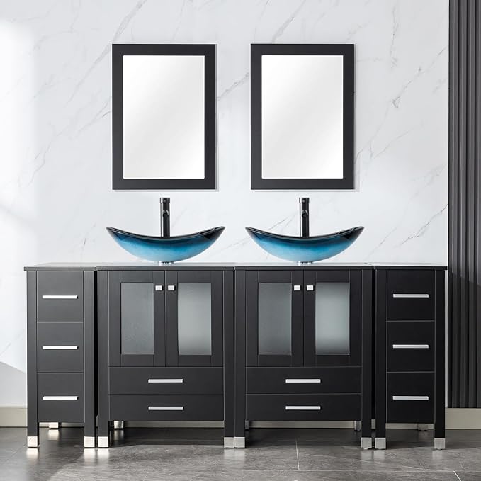 LUCKWIND 72" Double 24-in Bathroom Vanity with Sink Combo, Elegant Series with Two 12.6-in Side Cabinets, Painted Frame, Including Blue Boat Sinks, Faucets Without Mirrors, Black