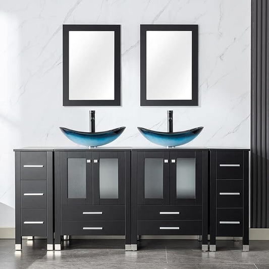 LUCKWIND 72" Double 24-in Bathroom Vanity with Sink Combo, Elegant Series with Two 12.6-in Side Cabinets, Painted Frame, Including Blue Boat Sinks, Faucets Without Mirrors, Black