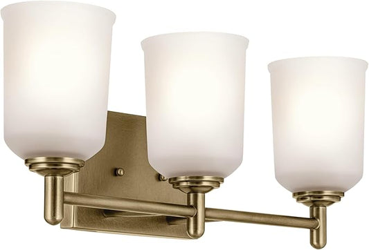 KICHLER Shailene 21" 3-Light Vanity Light with Clear Satin Etched Glass in Natural Brass for Over a Vanity, Updated Traditional Style, (21" x 8.25"), 45574NBR