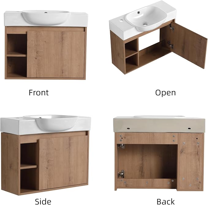 26" Bathroom Vanity with Sink, Farmhouse Cabinet, Natural Oak | Curved Sink Ceramic, Soft-Close Door, Interior Compartment and 2-Tier Open Side Shelves, 45° Inclined Edge Handle