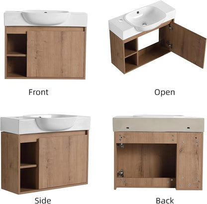 26" Bathroom Vanity with Sink, Farmhouse Cabinet, Natural Oak | Curved Sink Ceramic, Soft-Close Door, Interior Compartment and 2-Tier Open Side Shelves, 45° Inclined Edge Handle