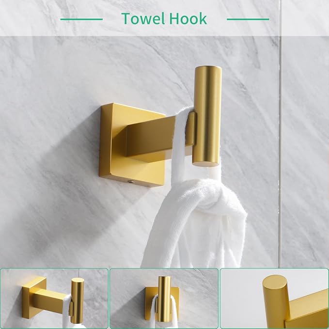 Miyili 4-Pieces Gold Bathroom Accessories Set Bath Hardware Kit - Includes Double Towel Bar, Hand Towel Rack, Toilet Paper Holder, Robe Hook, BS02G4A
