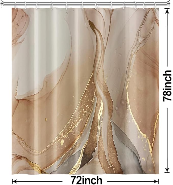 Brown Shower Curtain, Modern Brown Gold Grey Marble Shower Curtain for Bathroom Aesthetic Ink Texture Waterproof Shower Curtain Set with Hooks, 72x78 Inch