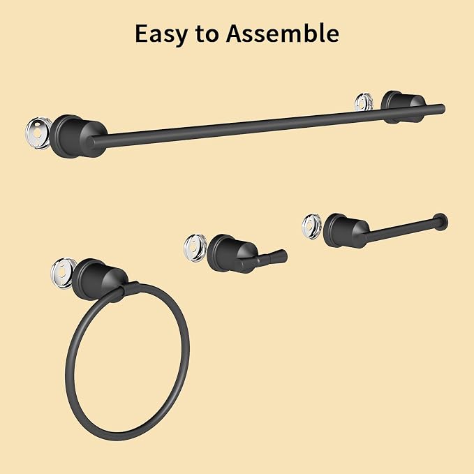 Matte Black Bathroom Accessories Set, 4 Pieces Bathroom Hardware Set, Towel Bar Set Stainless Steel Wall Mounted, Towel Racks for Bathroom, Robe Towel Hooks, Toilet Paper Holder