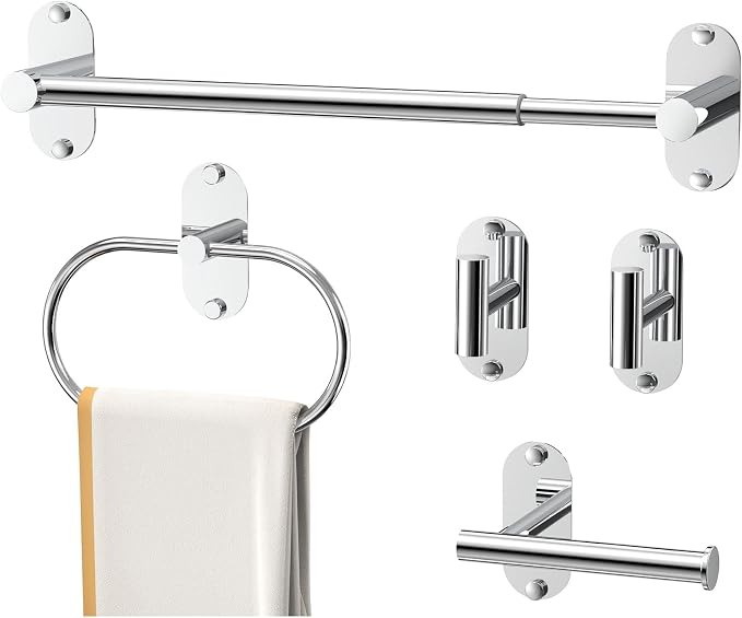 5-Piece Bathroom Hardware Set, Adhesive or Drill Wall Mount, Chrome | Adjustable Towel Bar, Toilet Paper Holder, Towel Ring, 2 Towel Hook, 304 Stainless Steel Bathroom Accessories Set