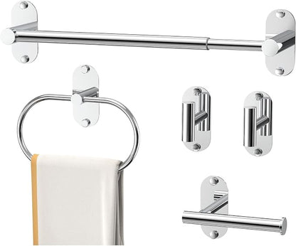 5-Piece Bathroom Hardware Set, Adhesive or Drill Wall Mount, Chrome | Adjustable Towel Bar, Toilet Paper Holder, Towel Ring, 2 Towel Hook, 304 Stainless Steel Bathroom Accessories Set