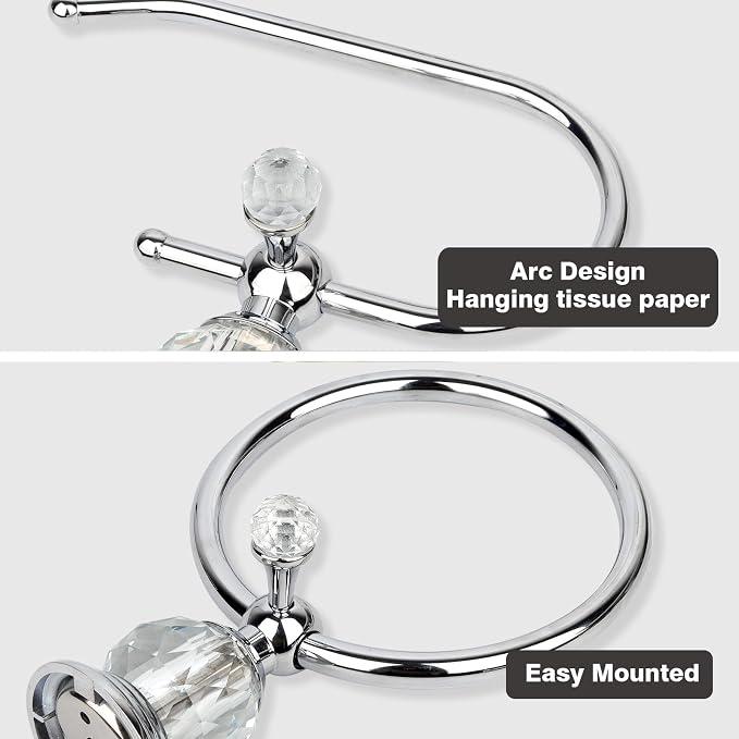 2 Pieces Sets Silver Crystal Series Toilet Paper Holder Wall Mouted Towel Ring, Gold Round Hand Towel Rack Decorative for Bathrooms