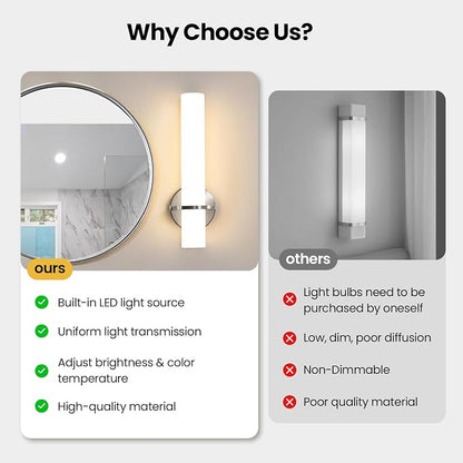 Brushed Nickel Bathroom Sconces Wall Lighting 5CCT LED Dimmable Modern Wall Sconces Set of Two Indoor Wall Lamps for Bedroom Living Room Mirror 15 inch (Hardwired)