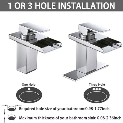 LED Bathroom Sink Faucet, Brushed Nickel Waterfall Single Hole Handle Vanity Faucets for Sinks 1 Hole with Metal Pop Up Drain and 2 Water Supply Lines, Stainless Steel Spout