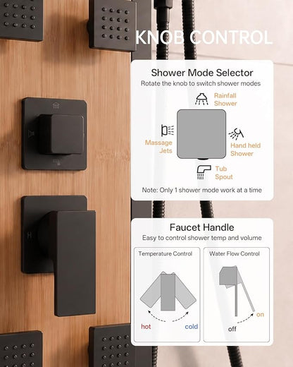 BWE Stainless Steel Shower Panel Tower System Black and Bamboo 8 Jets | Multi-Function Shower Panel System with Handheld Wand Wall Mount Shower Column Rainfall Shower Head Sprayer