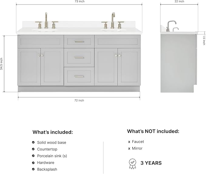 ARIEL Hamlet 72-inch Bathroom Vanity with Sink,Solid Wood, 1.5-inch Pure White Quartz Countertop & Backsplash, Double Oval Porcelain Sink, 4 Soft Closing Doors, 3 Dovetail Drawers, Grey